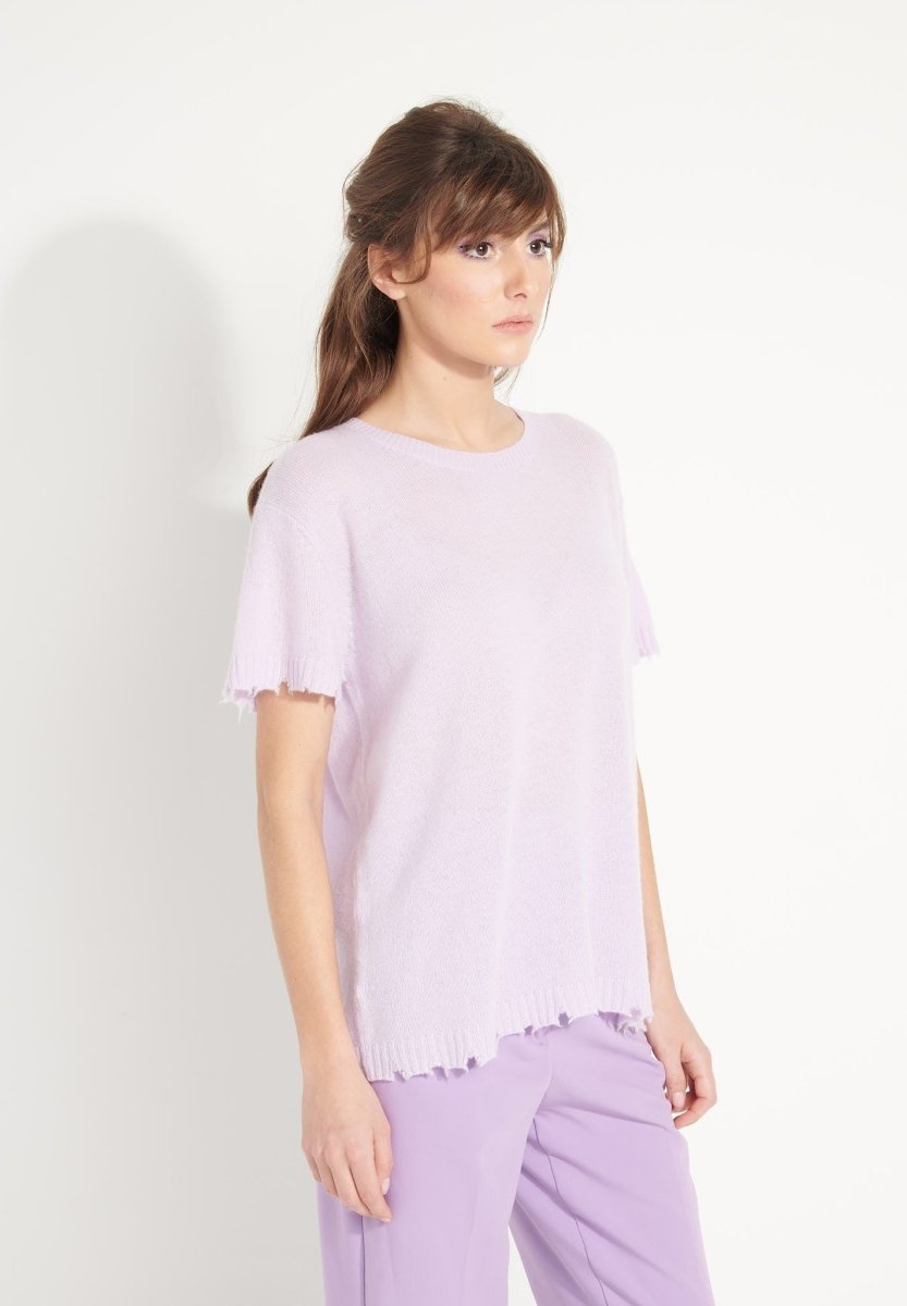 Damen-Rundhals-T-Shirt aus durchbrochenem Kaschmir in Lila - AVA 6