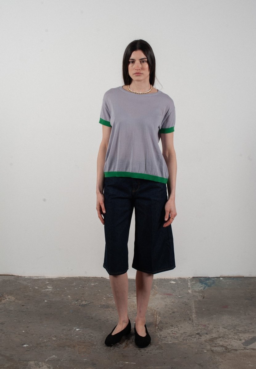 T-Shirt für Damen, Rundhals, kurze Ärmel, aus Kaschmir & ultradünner Wolle, Lavendel & Grün - KELLY 1