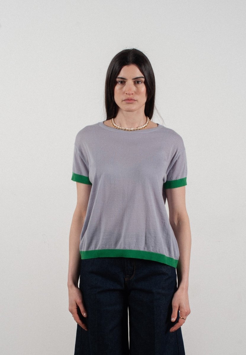 T-Shirt für Damen, Rundhals, kurze Ärmel, aus Kaschmir & ultradünner Wolle, Lavendel & Grün - KELLY 1
