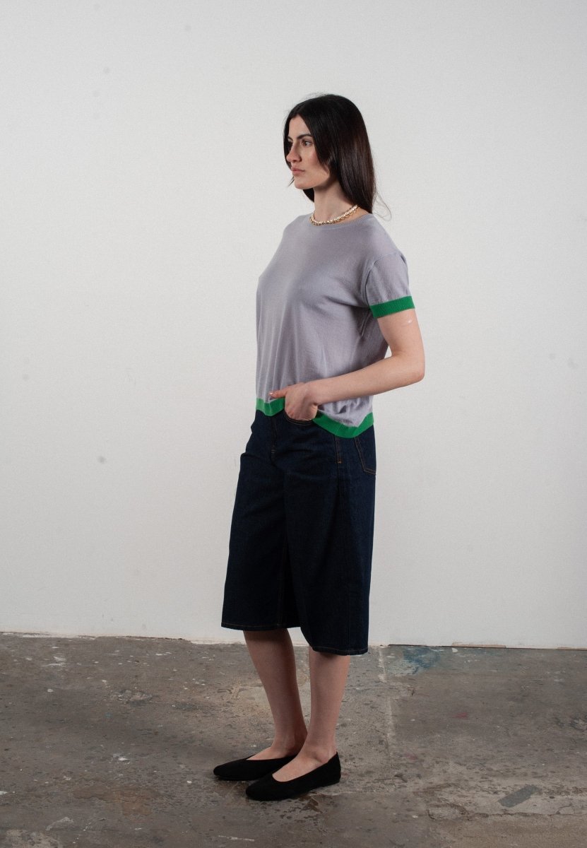 T-Shirt für Damen, Rundhals, kurze Ärmel, aus Kaschmir & ultradünner Wolle, Lavendel & Grün - KELLY 1